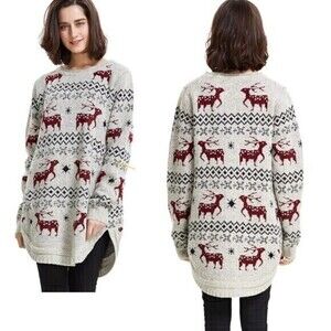 Shineflow Midi Christmas Sweater Womens L Beige Red Reindeer Crew Neck Pullover